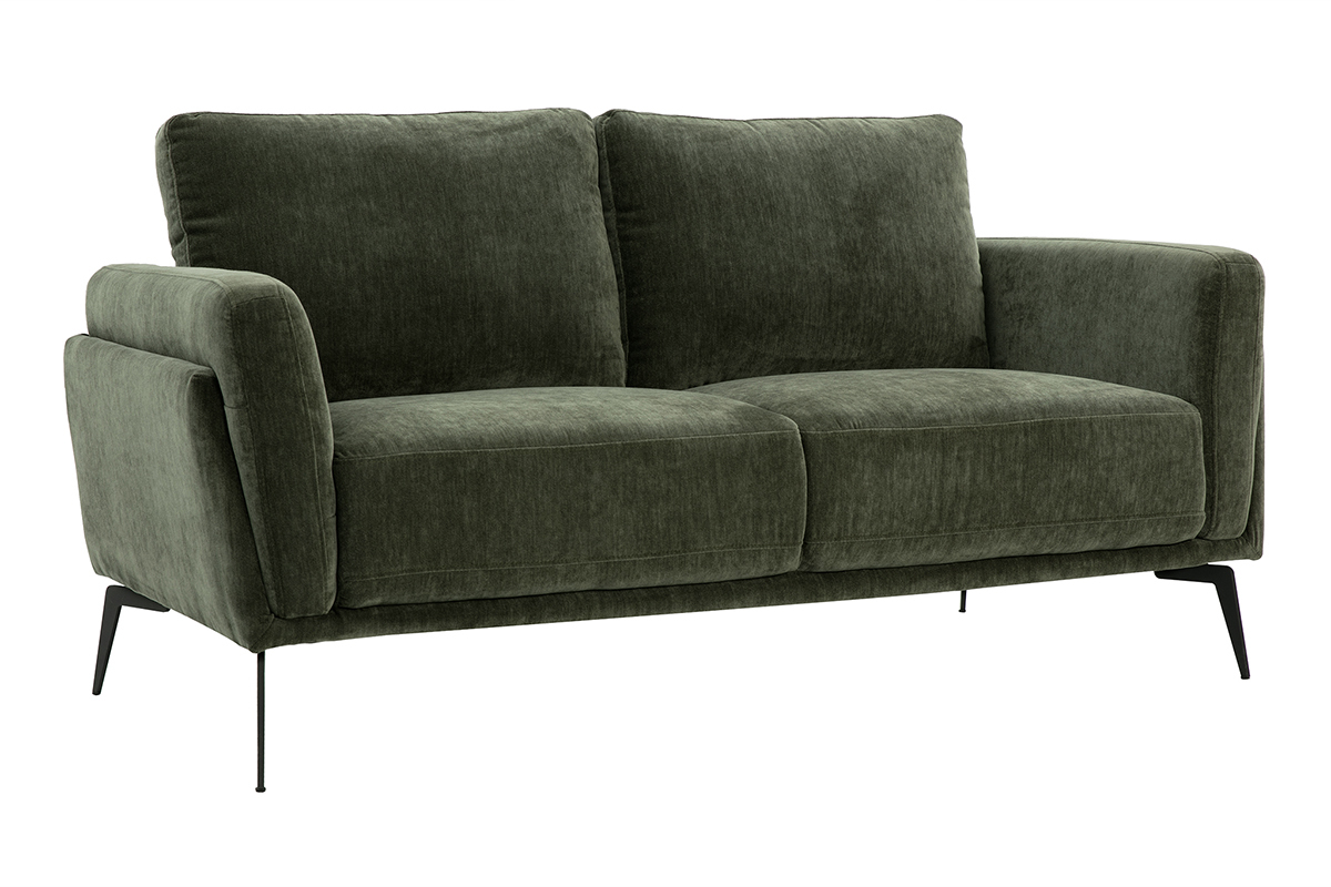Canap design 2 places en tissu effet velours vert kaki et mtal noir MOSCO