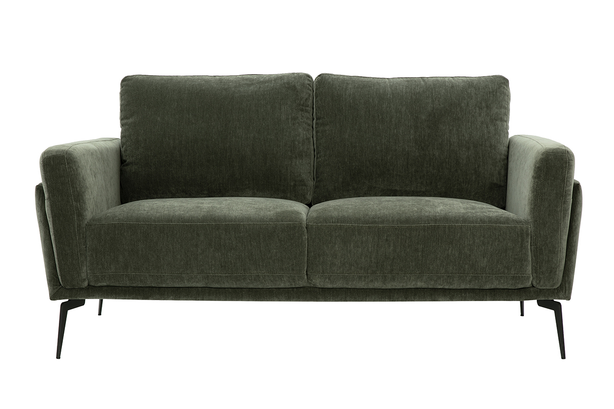 Canap design 2 places en tissu effet velours vert kaki et mtal noir MOSCO