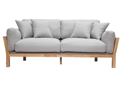 Canap&eacute; design 3 places d&eacute;houssable gris clair et bois KYO
