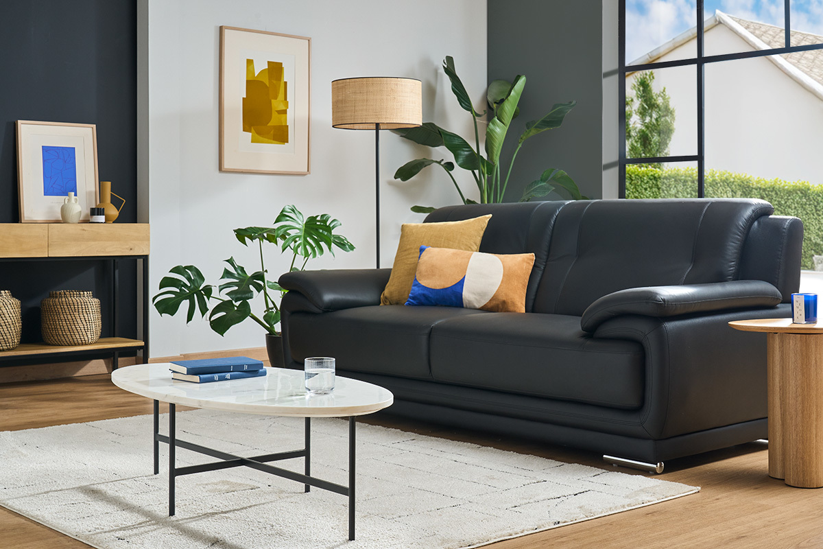 Canap design 3 places en cuir noir et acier chrom TAMARA