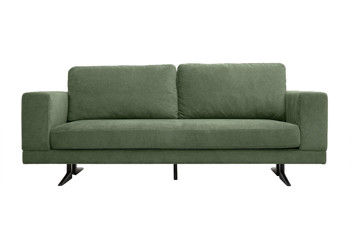 Canap design 3 places en tissu chenille vert kaki et mtal noir LENNON