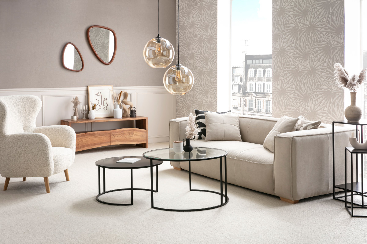 Canap design 3 places en tissu effet velours beige naturel et bois clair COBAIN