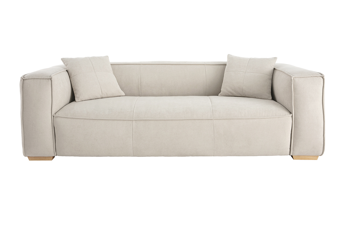 Canap design 3 places en tissu effet velours beige naturel et bois clair COBAIN