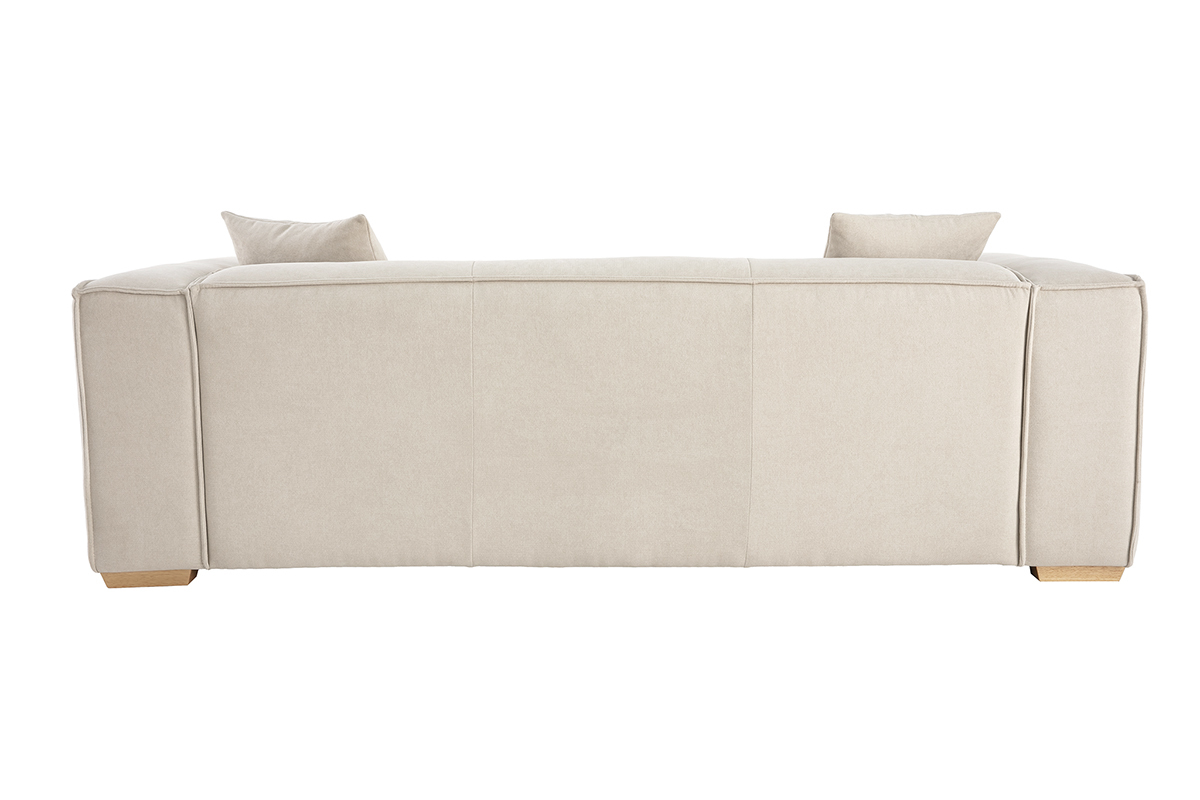 Canap design 3 places en tissu effet velours beige naturel et bois clair COBAIN
