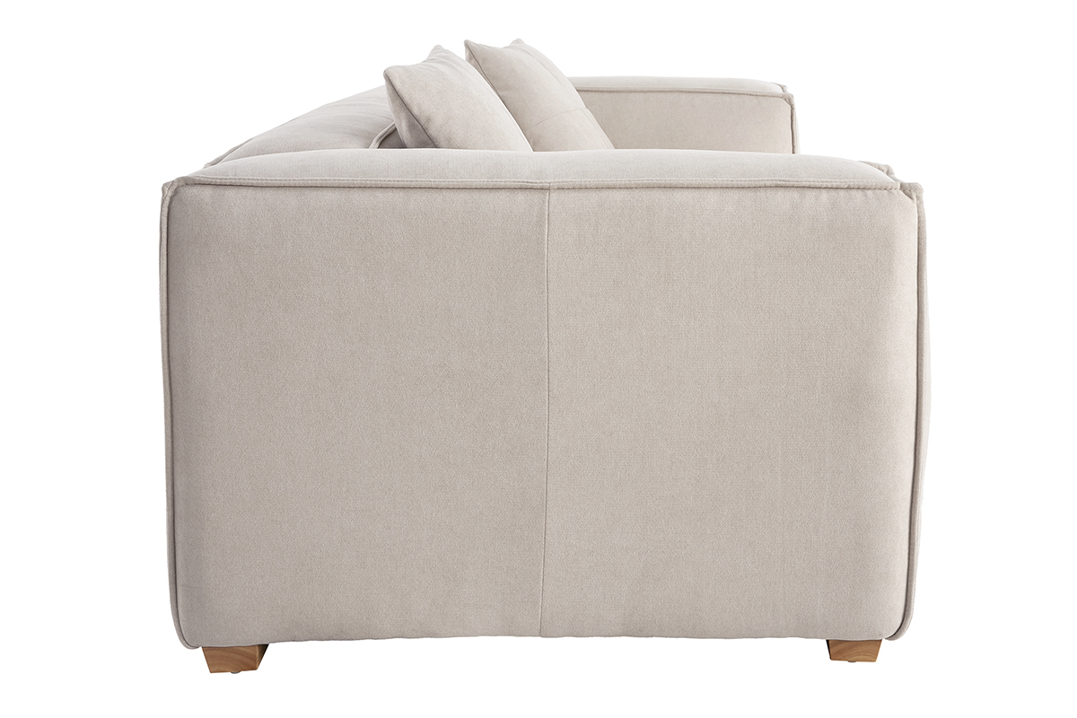Canap design 3 places en tissu effet velours beige naturel et bois clair COBAIN