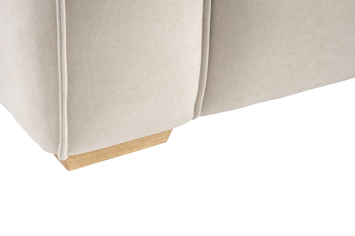 Canap design 3 places en tissu effet velours beige naturel et bois clair COBAIN