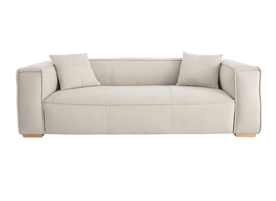 Canapé design 3 places en tissu effet velours beige naturel et bois clair COBAIN