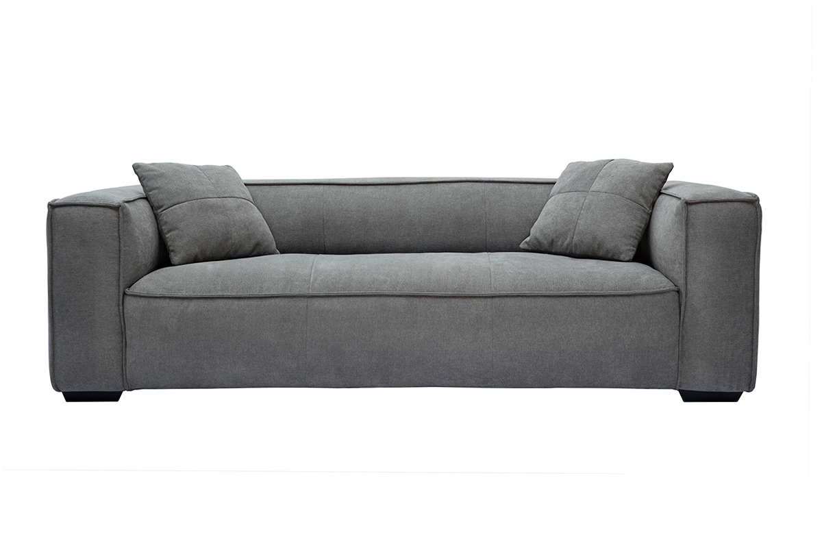 Canap design 3 places en tissu effet velours gris et bois noir COBAIN