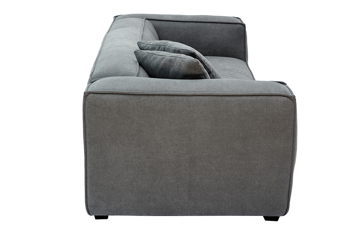 Canap design 3 places en tissu effet velours gris et bois noir COBAIN