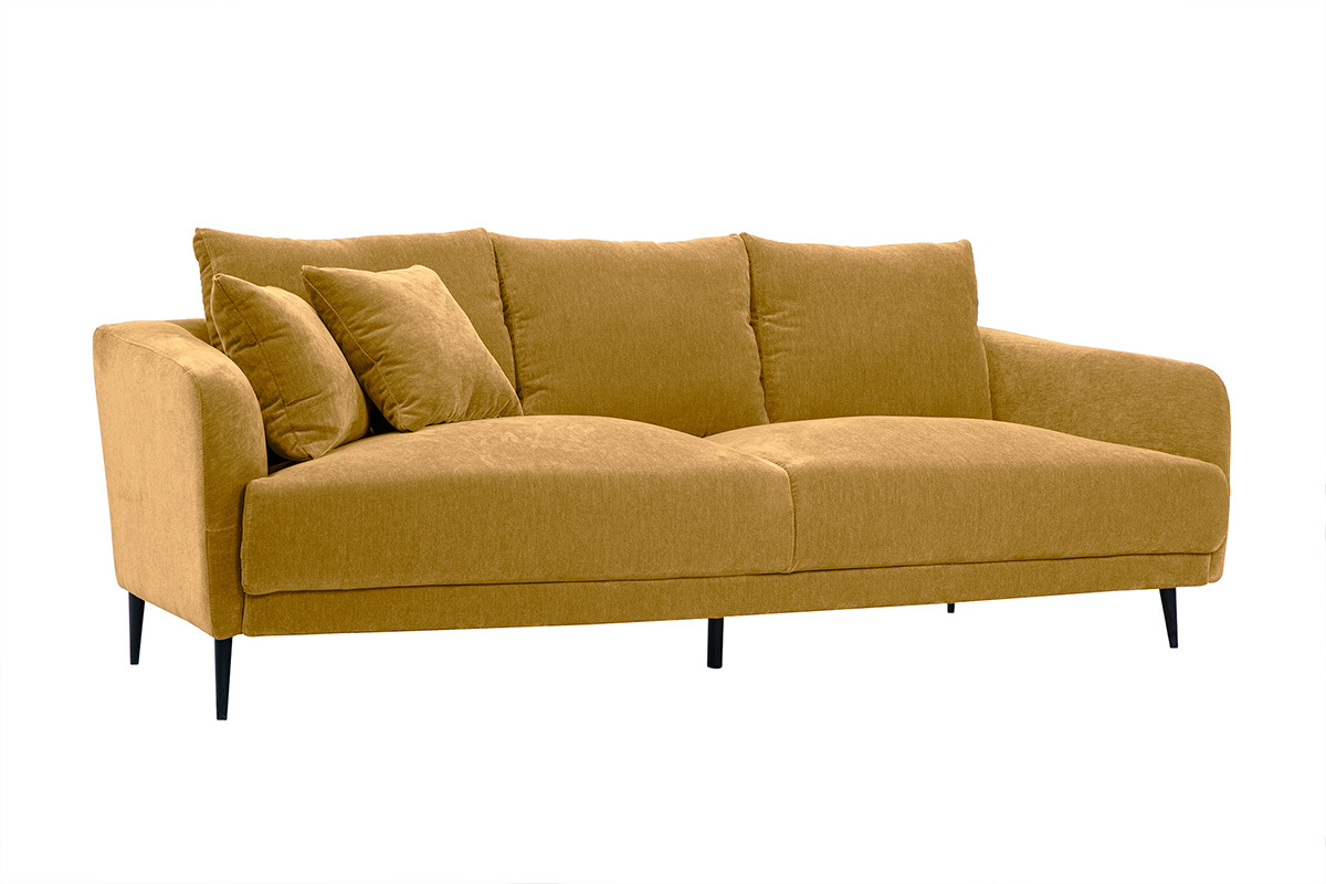 Canap design 3 places en tissu effet velours jaune curry et mtal noir JERRY