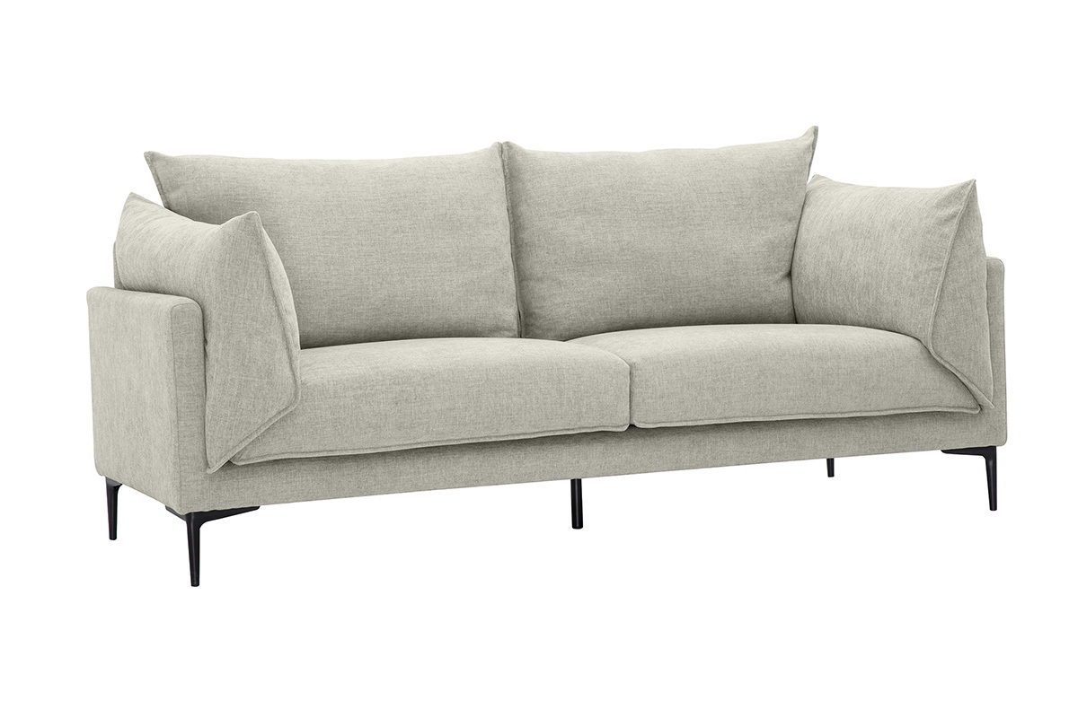 Canap� design 3 places en tissu effet velours textur� beige et m�tal noir MARIUS
