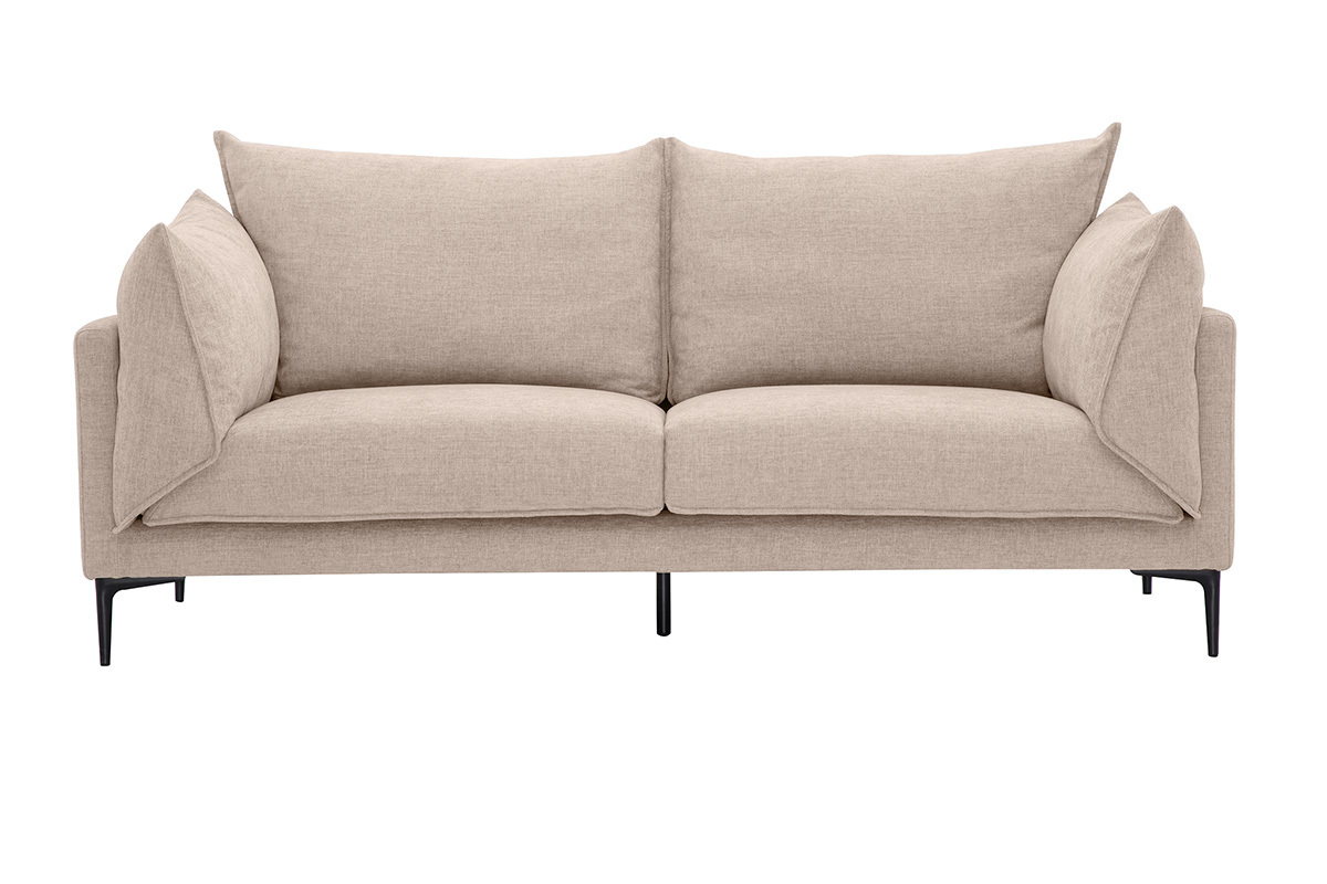 Canap� design 3 places en tissu effet velours textur� beige et m�tal noir MARIUS