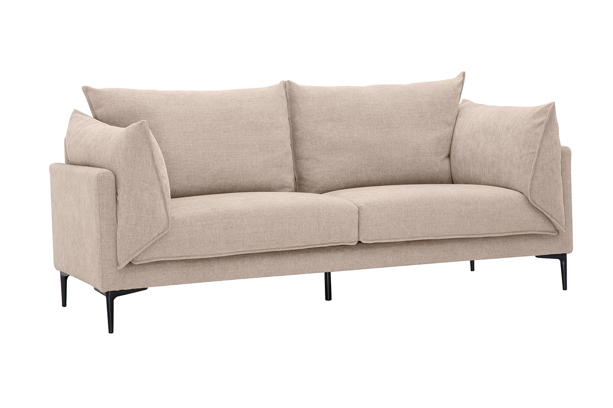 Canap� design 3 places en tissu effet velours textur� beige et m�tal noir MARIUS