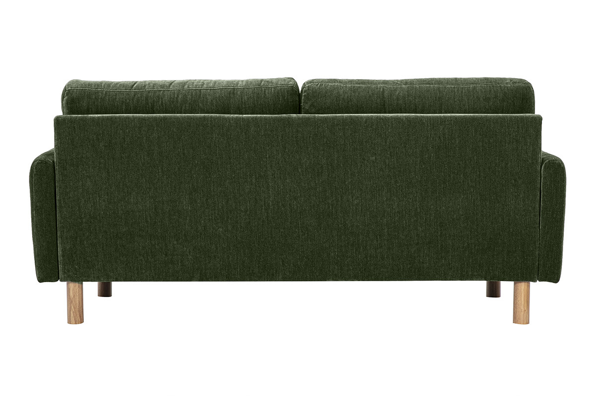 Canap� design 3 places en tissu effet velours vert kaki et bois clair BONO