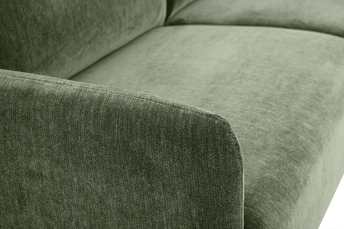 Canap� design 3 places en tissu effet velours vert kaki et bois clair BONO