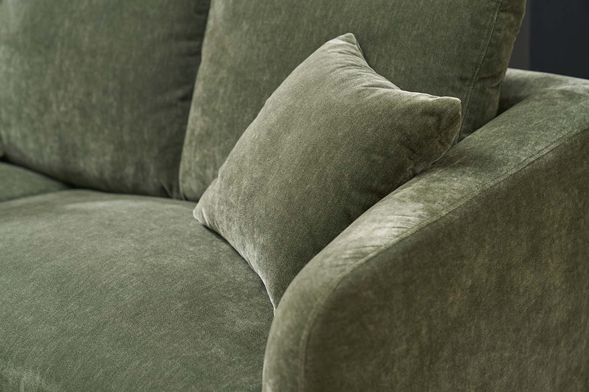 Canap design 3 places en tissu effet velours vert kaki et mtal noir JERRY