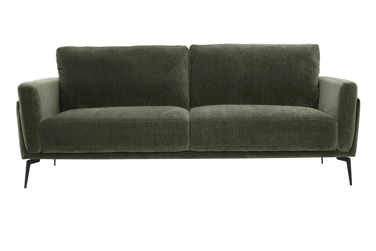 Canap design 3 places en tissu effet velours vert kaki et mtal noir MOSCO