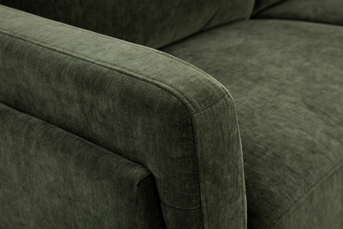 Canap design 3 places en tissu effet velours vert kaki et mtal noir MOSCO