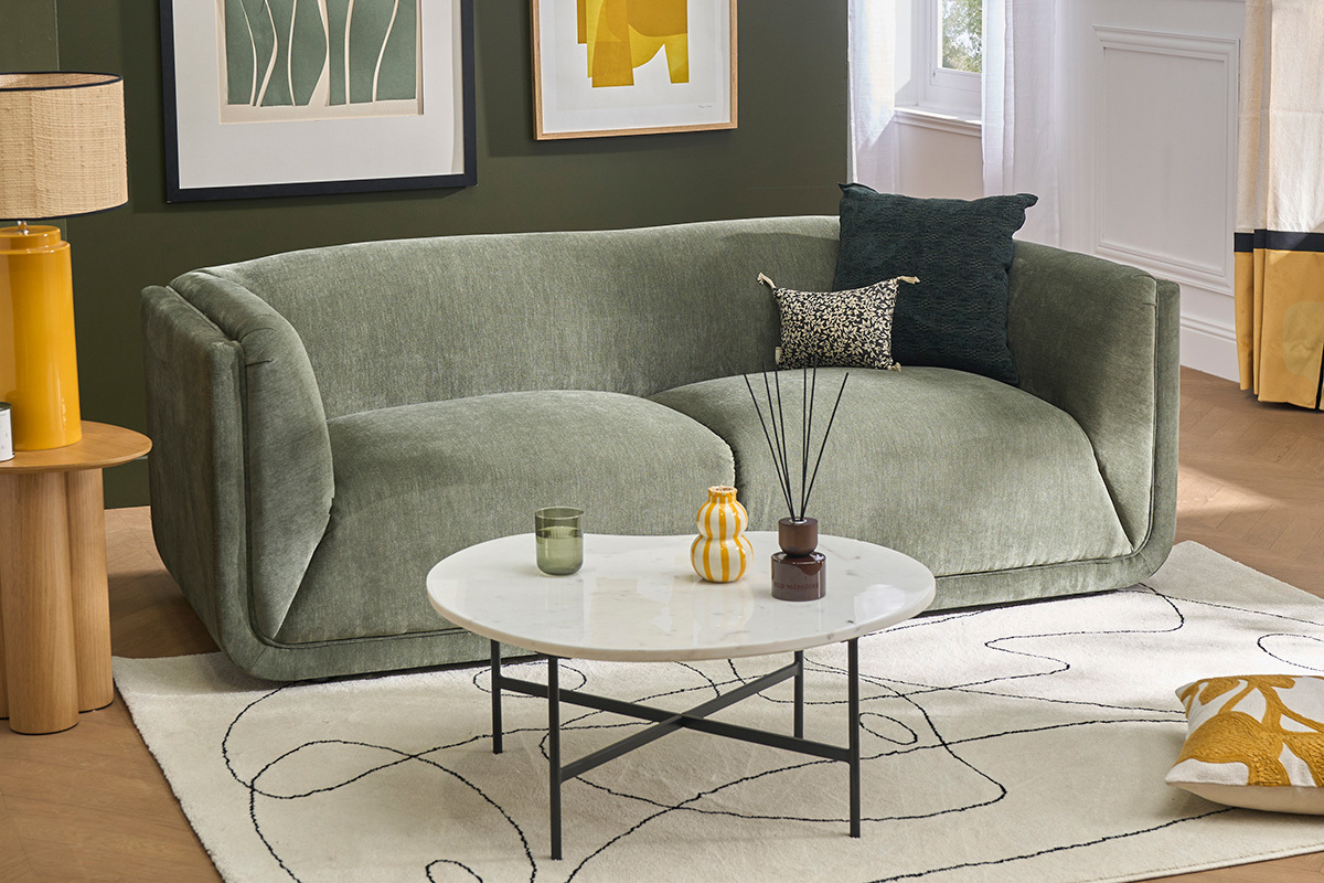 Canap� design 3 places en tissu effet velours vert kaki HOSBO