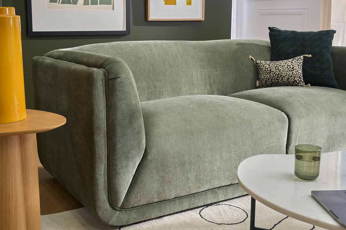 Canap� design 3 places en tissu effet velours vert kaki HOSBO