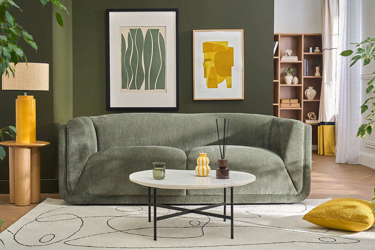 Canap� design 3 places en tissu effet velours vert kaki HOSBO