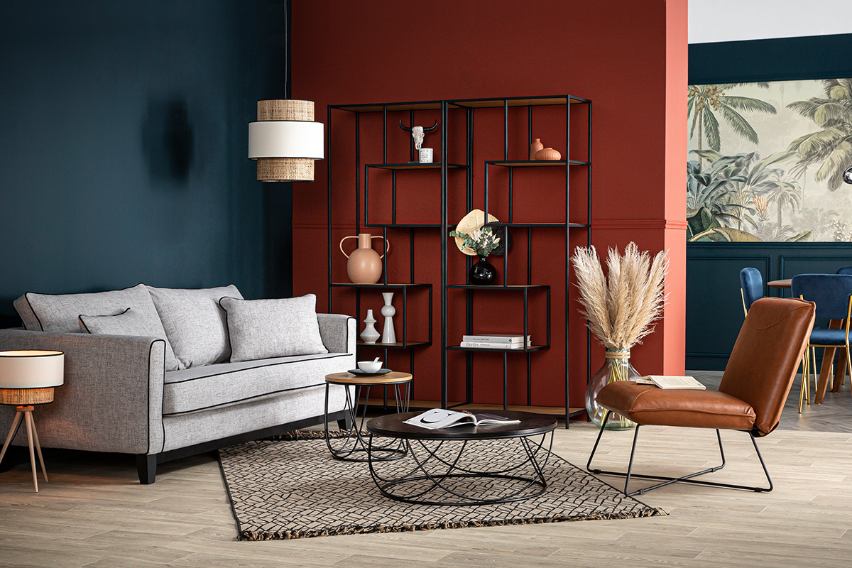 Canap design 3 places en tissu gris chin et velours noir HARRISON