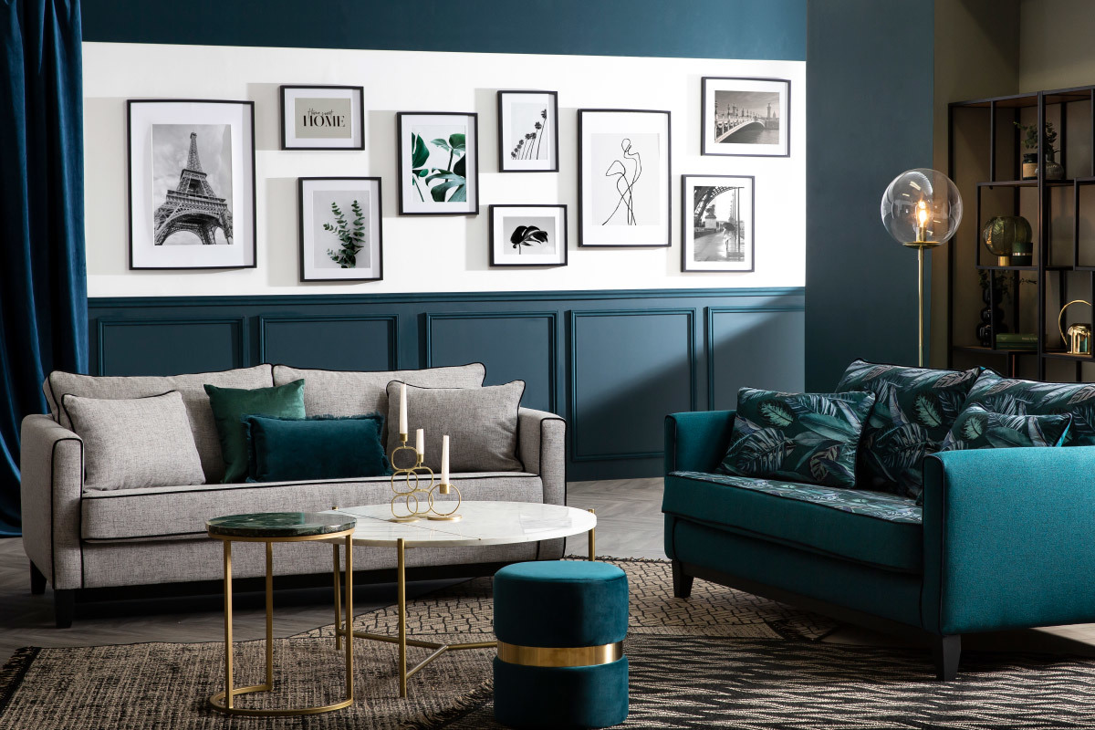 Canap design 3 places en tissu gris chin et velours noir HARRISON