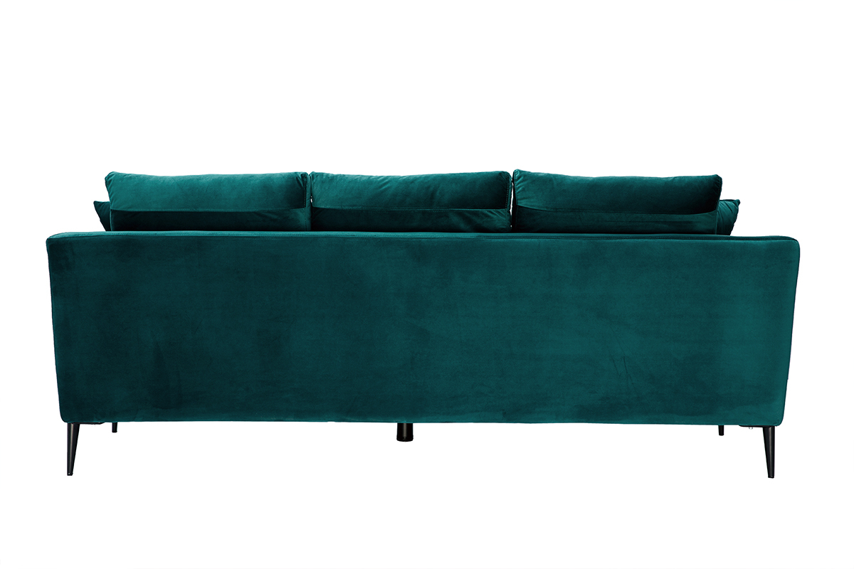 Canap design 3 places en tissu velours bleu ptrole et mtal noir JERRY