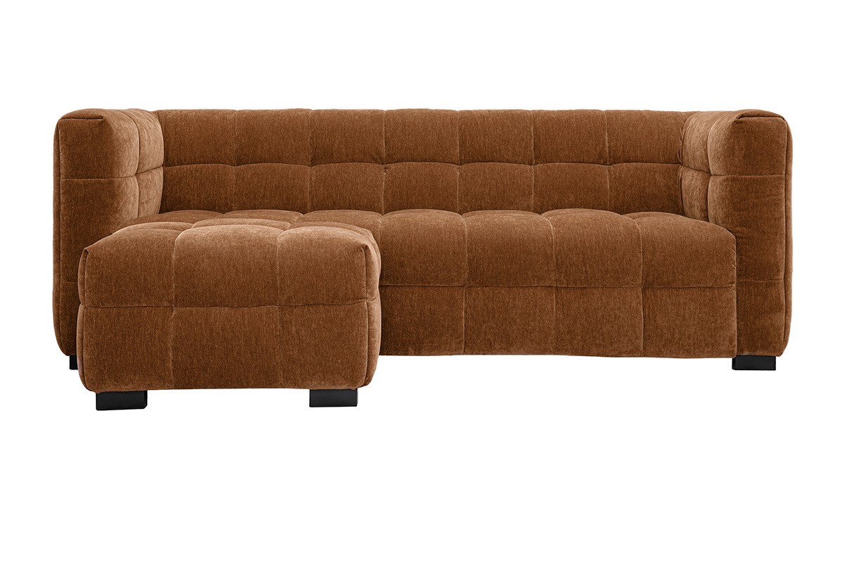 Canap design 3 places et repose-pieds en tissu effet velours marron noisette CORTO