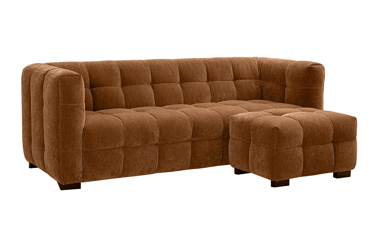 Canap design 3 places et repose-pieds en tissu effet velours marron noisette CORTO