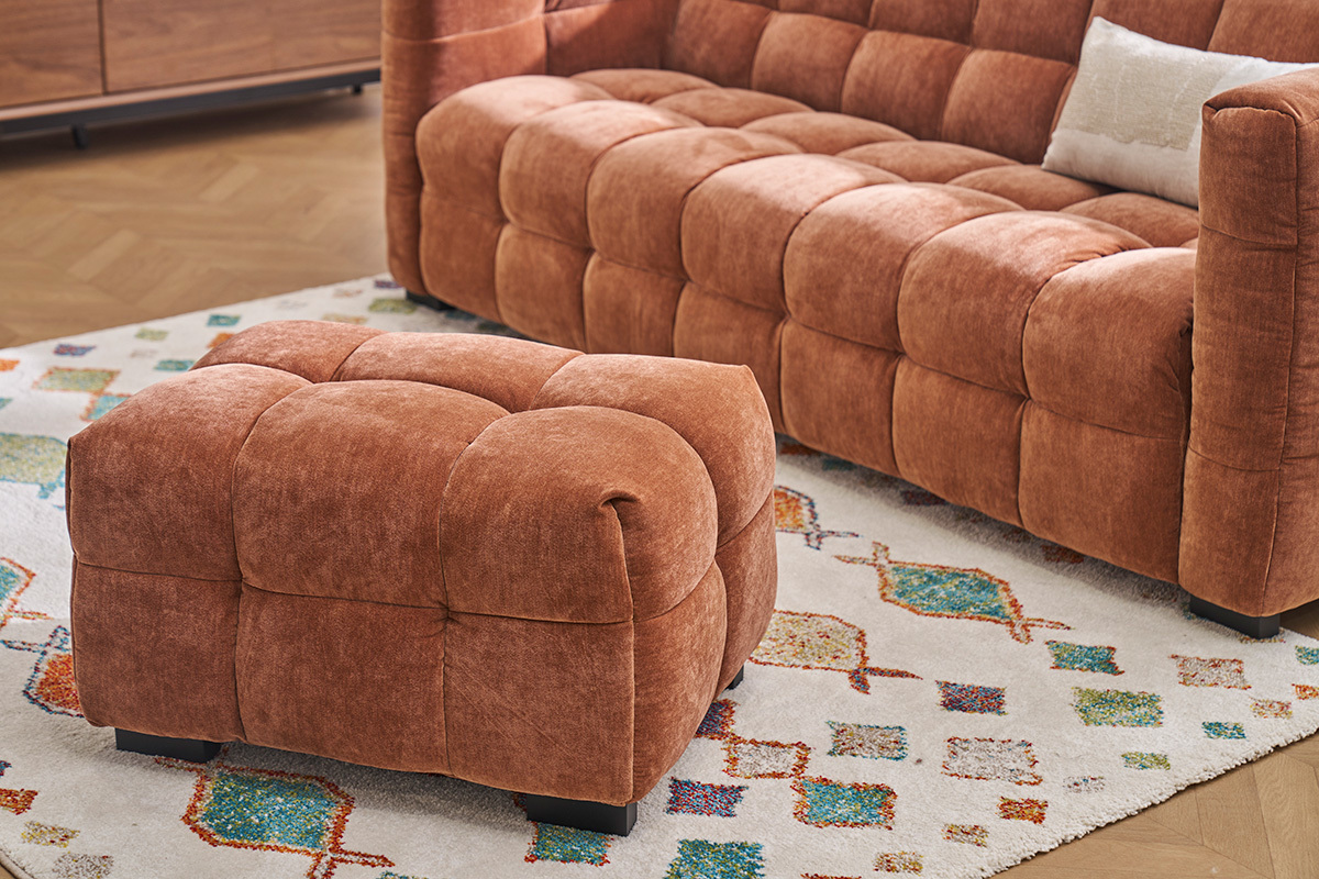 Canap design 3 places et repose-pieds en tissu effet velours terre brle CORTO
