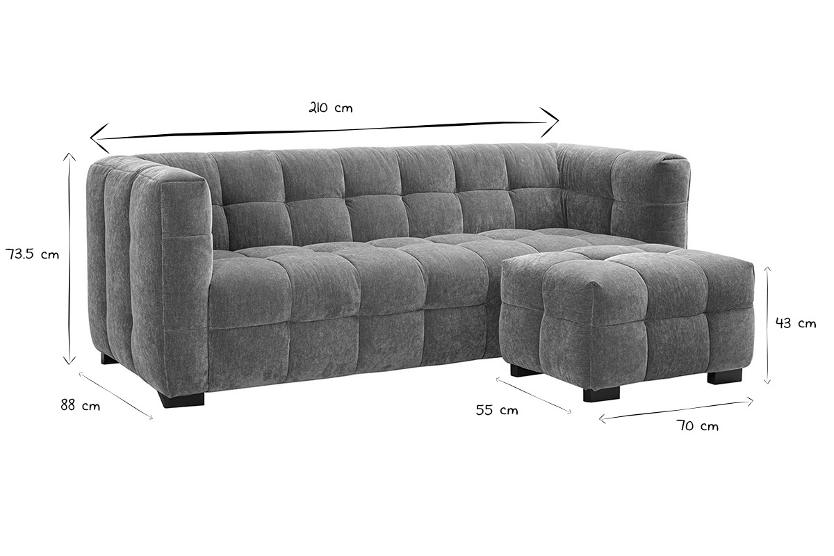 Canap design 3 places et repose-pieds en tissu effet velours textur bleu fonc CORTO