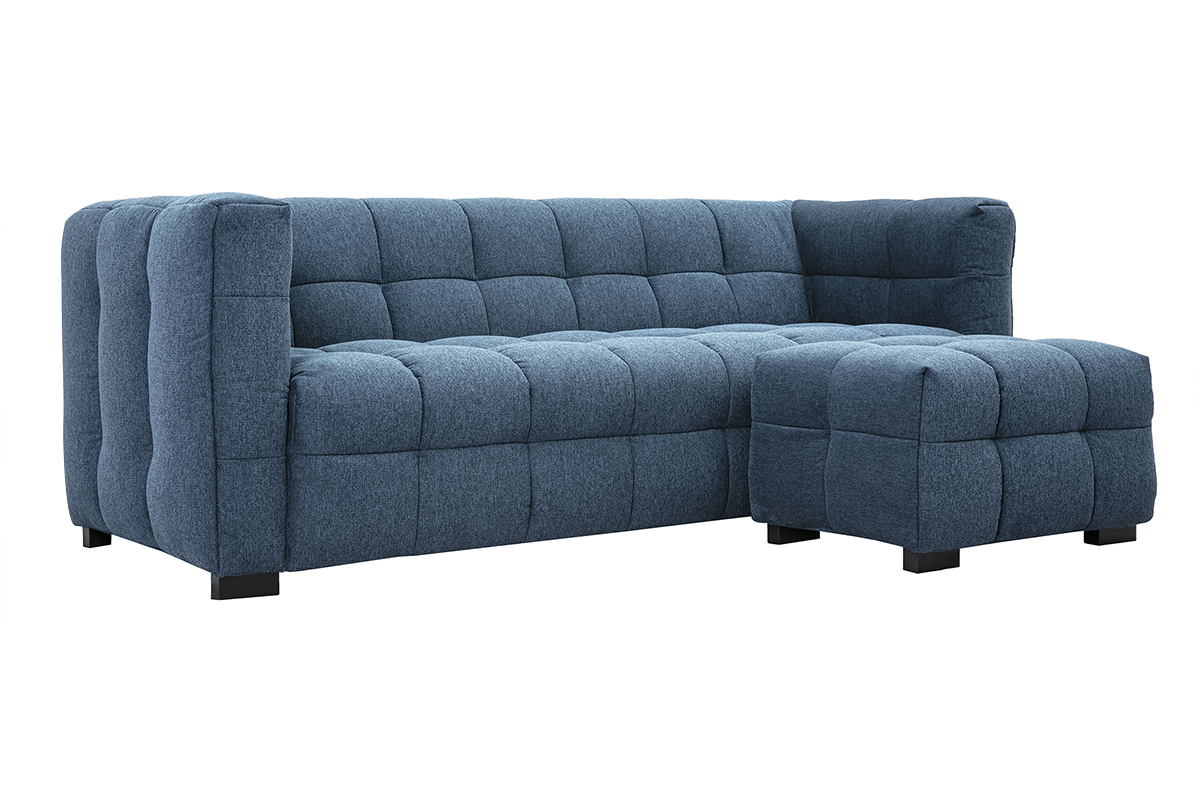 Canap design 3 places et repose-pieds en tissu effet velours textur bleu fonc CORTO