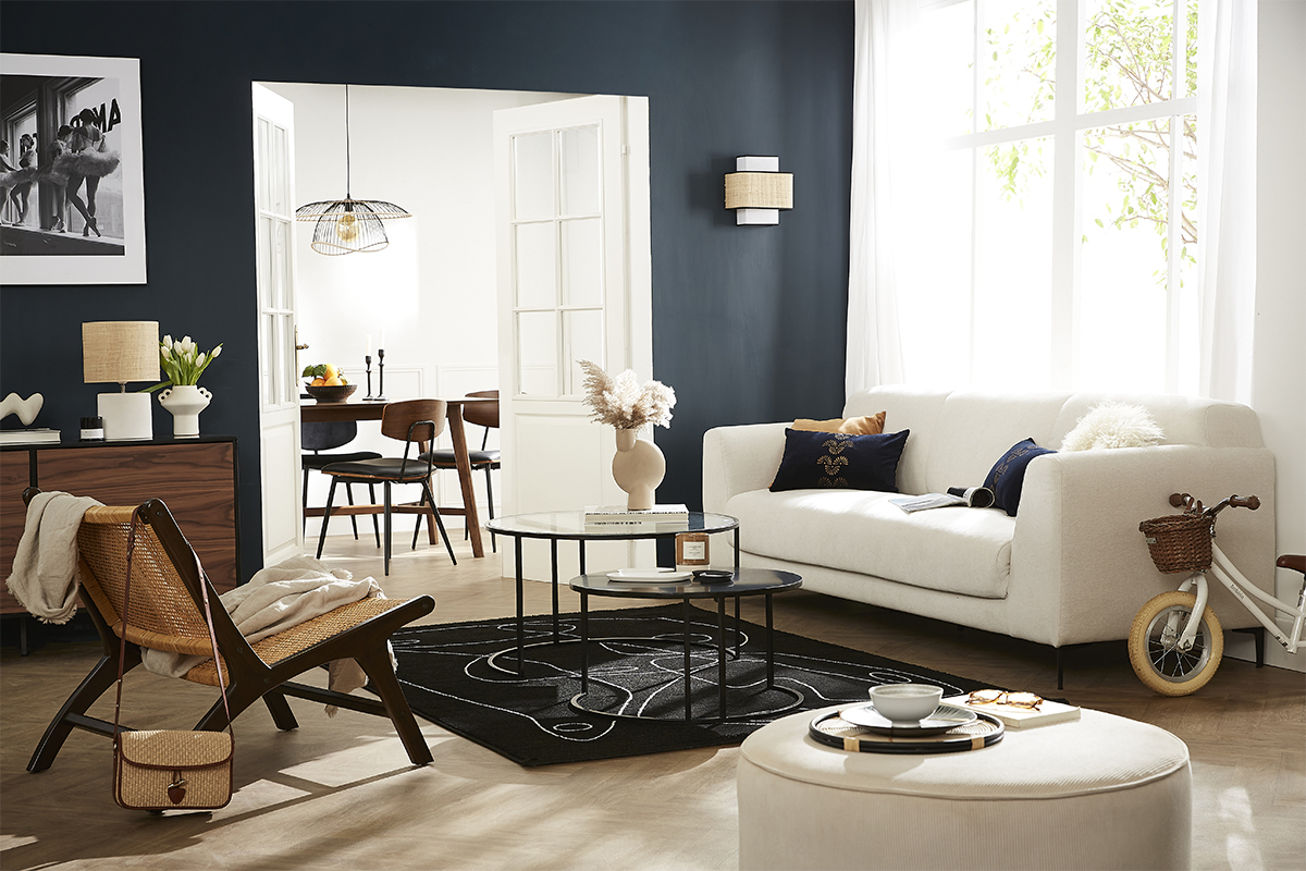 Canap design 4 places en tissu effet velours beige et mtal noir ALOWISS