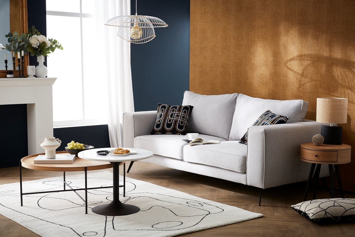 Canap design 4 places L210cm en tissu gris et mtal noir OSMANN