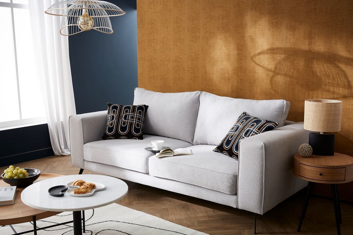 Canap design 4 places L210cm en tissu gris et mtal noir OSMANN
