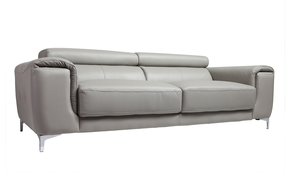 Canap design avec ttires ajustables 3 places cuir gris et acier chrom NEVADA