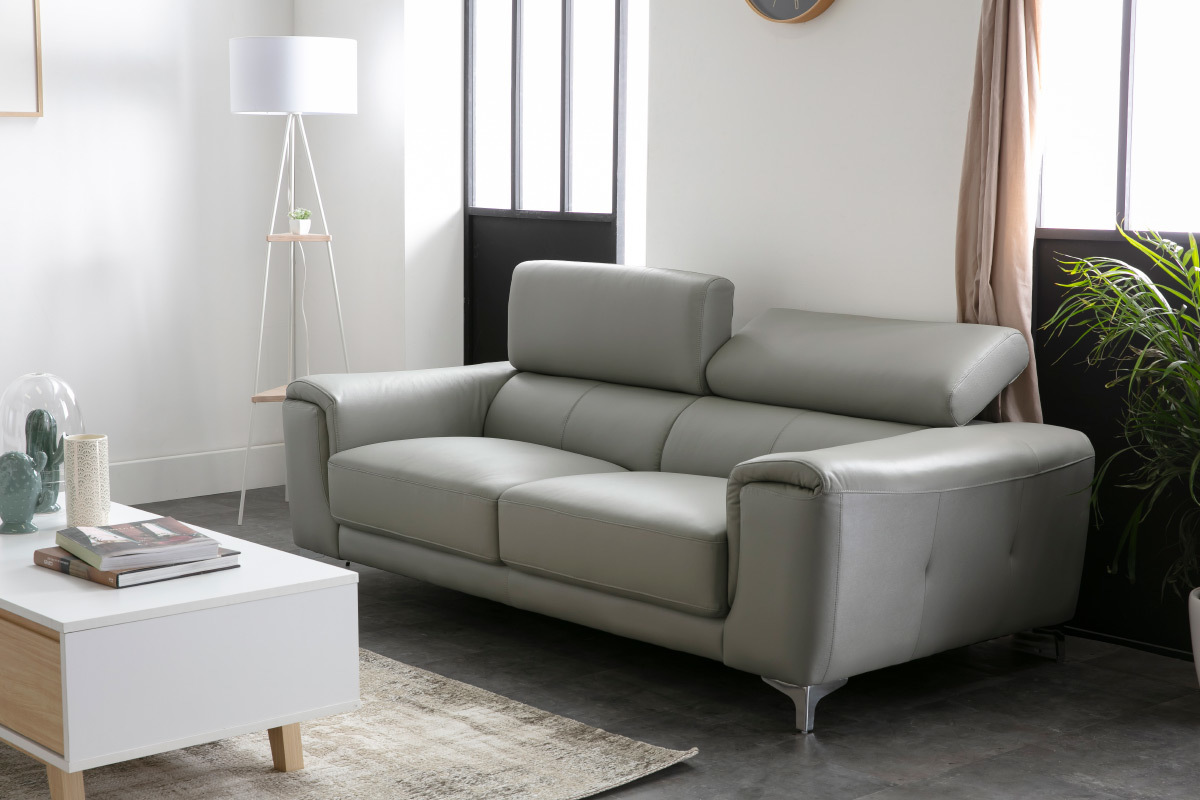 Canap design avec ttires ajustables 3 places cuir gris et acier chrom NEVADA