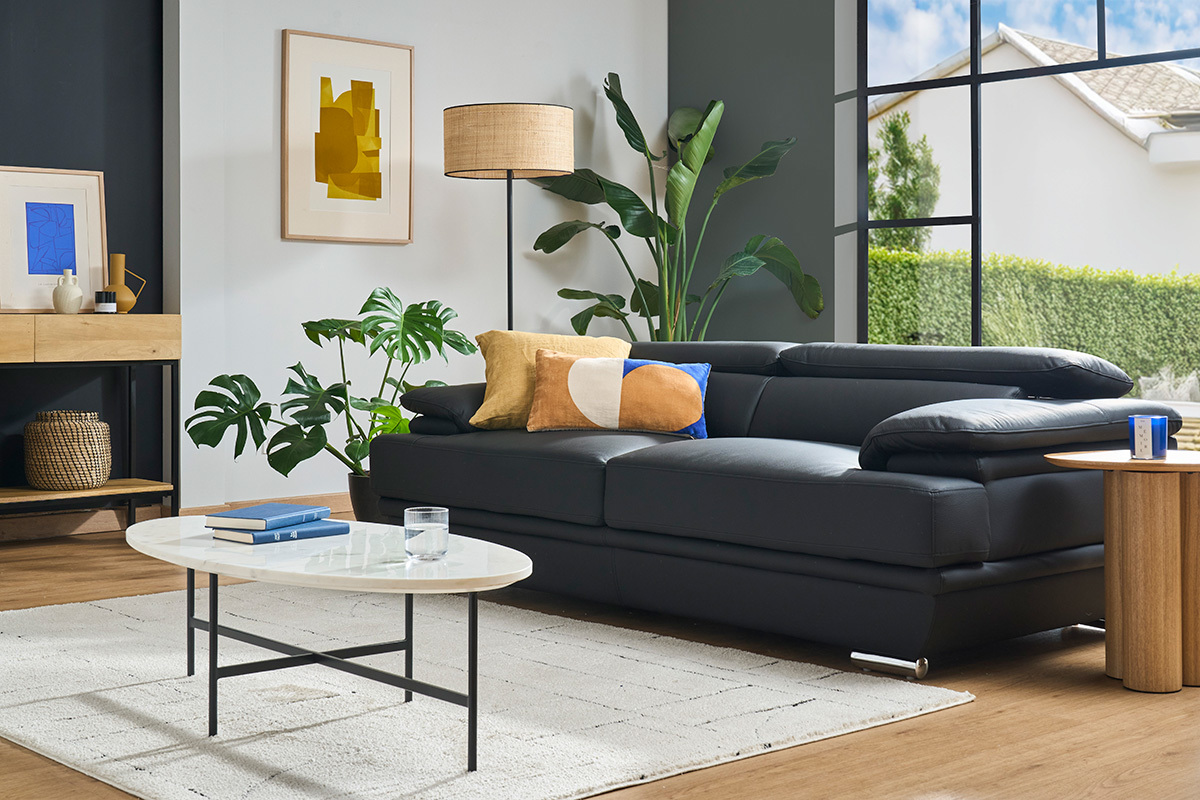 Canap design avec ttires ajustables 3 places cuir noir et acier chrom EWING