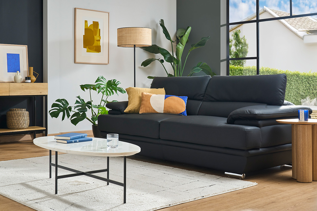 Canap design avec ttires ajustables 3 places cuir noir et acier chrom EWING