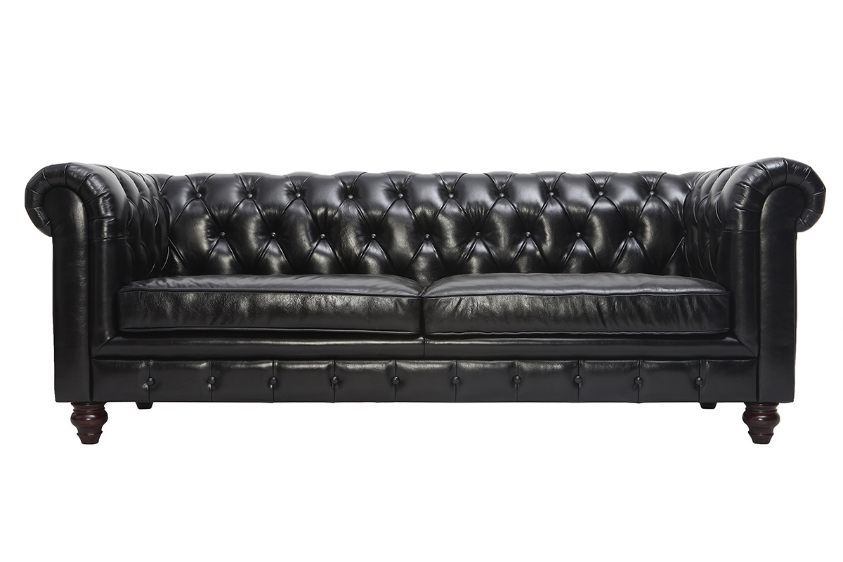Canap� design cuir noir 3 places CHESTERFIELD - cuir de buffle