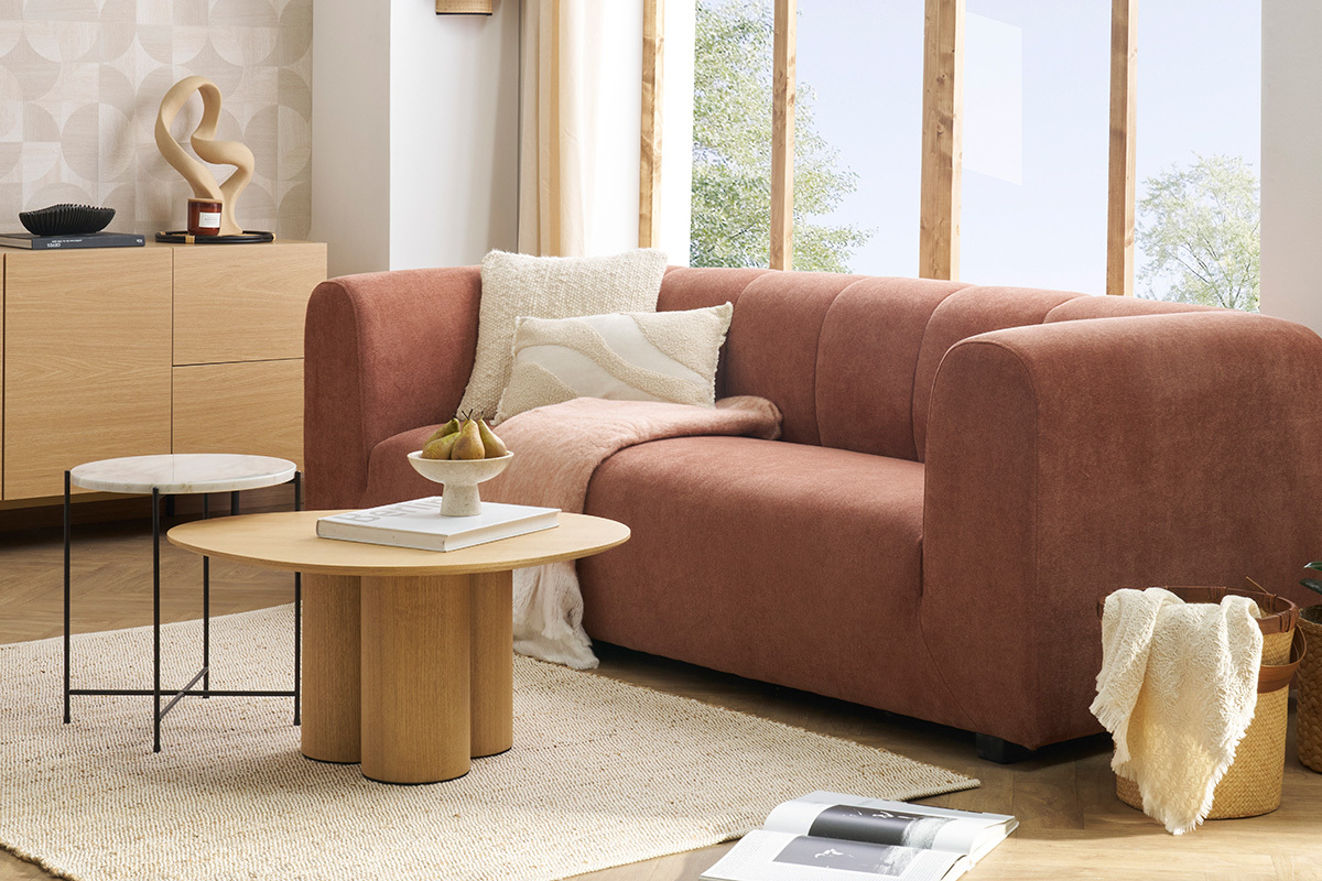 Canap design en tissu effet velours terre brle 3-4 places OLIVEIRO