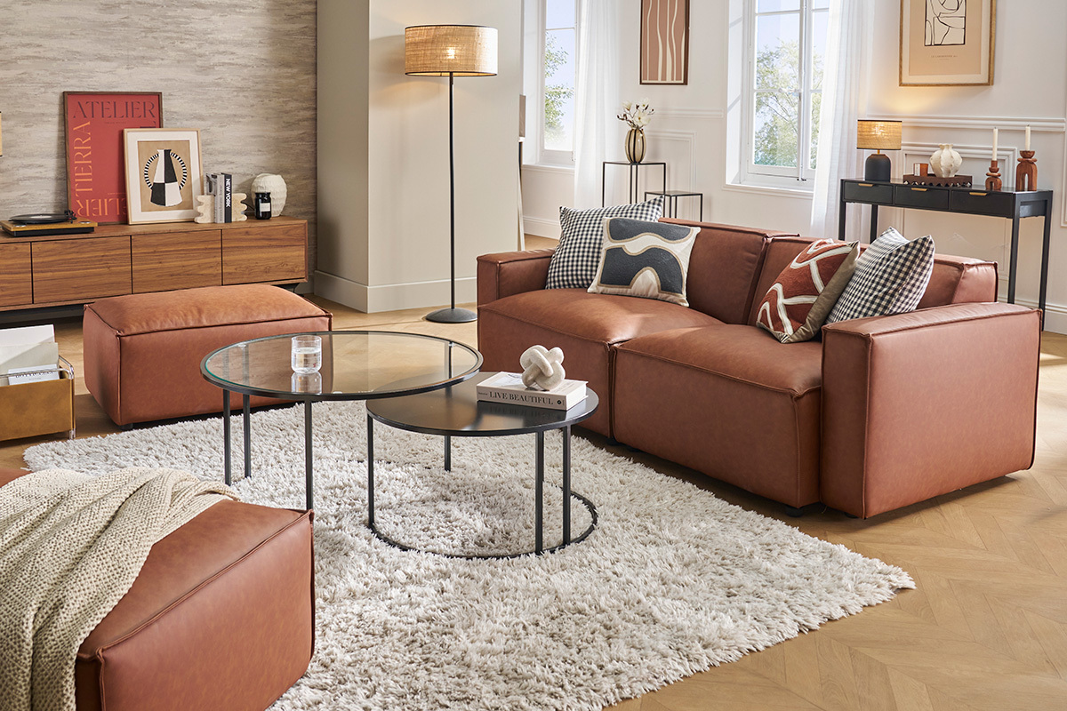 Canap� modulable 3 places en tissu effet velours textur� beige SPLIT