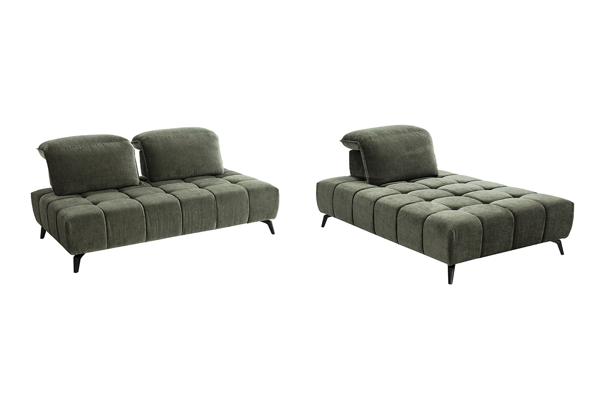 Canap� modulable 4 places avec t�ti�res ajustables en tissu effet velours vert kaki et m�tal noir OLMO