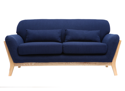 Canap&eacute; scandinave 2 places bleu fonc&eacute; pieds bois YOKO