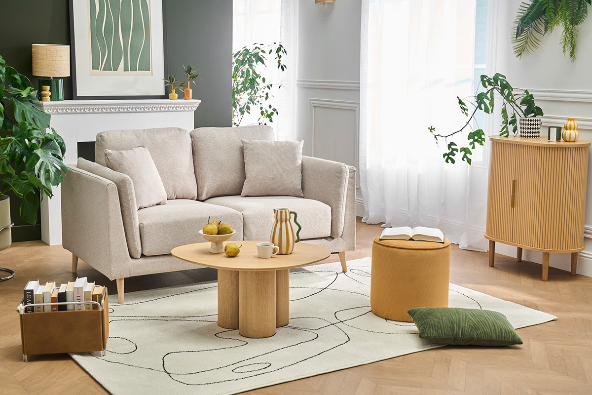 Canap� scandinave 2 places en tissu beige naturel et bois clair VOGUE