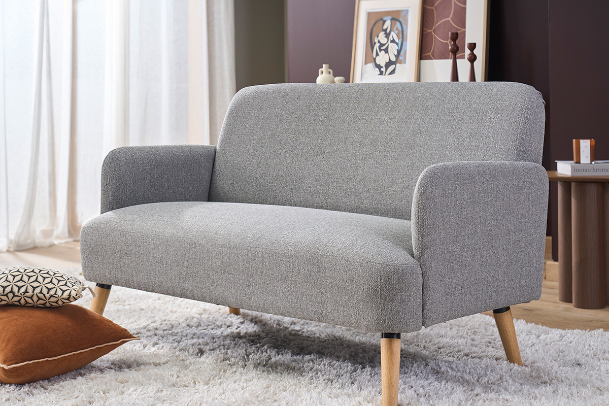 Canap� scandinave 2 places en tissu bleu canard et bois clair ISKO