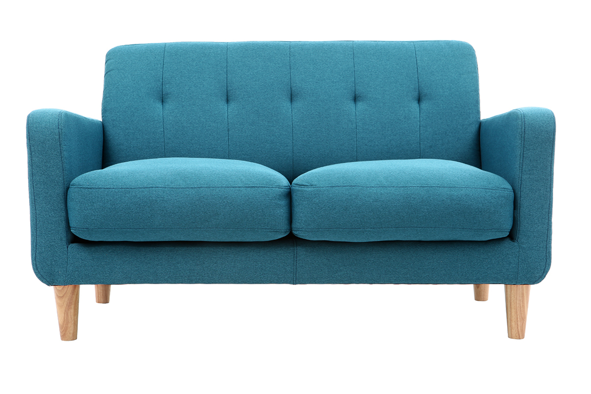 Canap scandinave 2 places en tissu bleu canard et bois clair LUNA