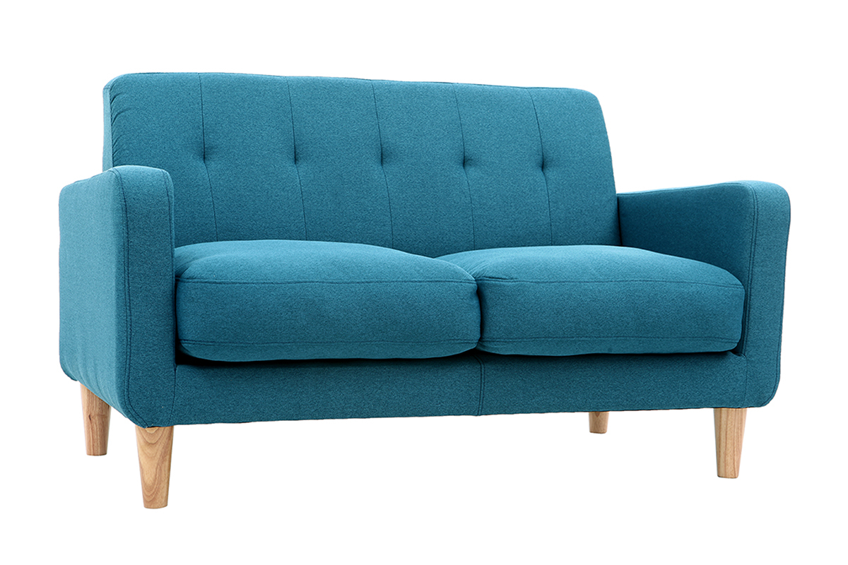 Canap scandinave 2 places en tissu bleu canard et bois clair LUNA