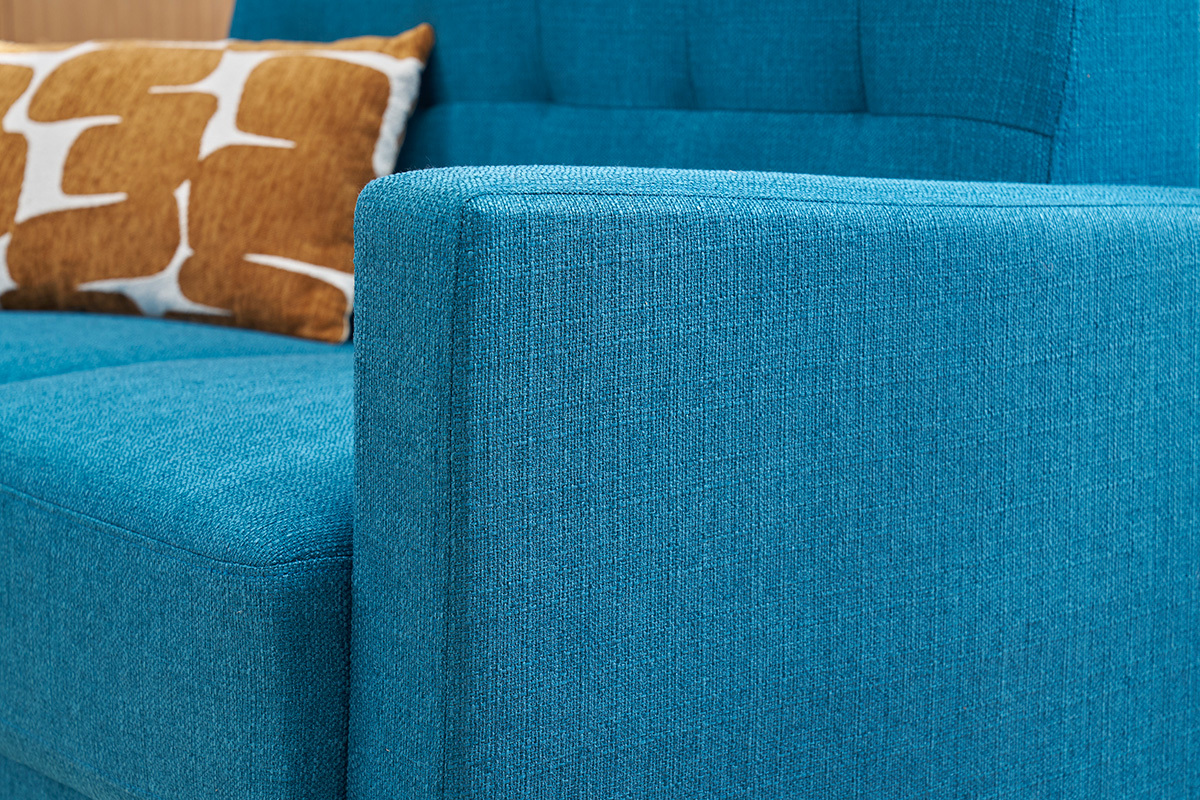 Canap� scandinave 2 places en tissu bleu canard et bois clair MOON